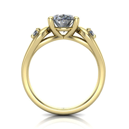 Imani oval three stone engagement ring in 14K Yellow Gold, through-finger front profile showing the three-stone head, square side frames, and open under-gallery