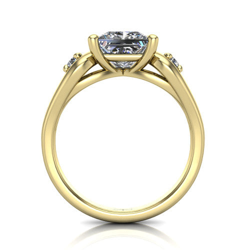 Imani princess three stone engagement ring in 14K Yellow Gold, through-finger front profile showing the three-stone head, square side frames, and open under-gallery