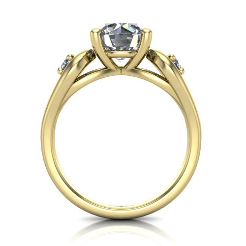 Imani round three stone engagement ring in 14K Yellow Gold, through-finger front profile showing the three-stone head, square side frames, and open under-gallery