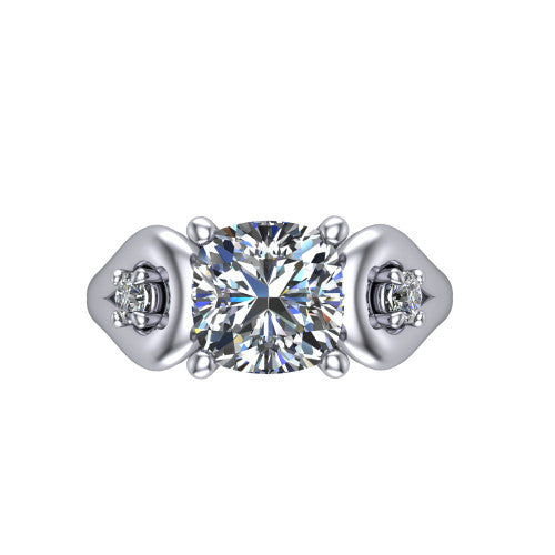 Imani cushion three stone engagement ring in 18K White Gold, top-down view showing the brilliant cushion-cut center diamond with two round side diamonds set inside open square frames