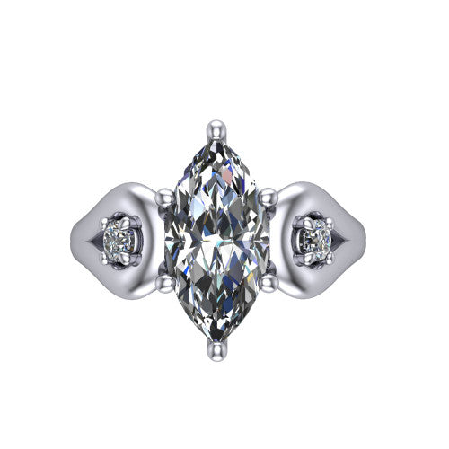 Imani marquise three stone engagement ring in 14K White Gold, top-down view showing the brilliant marquise center diamond with two round side diamonds set inside open square frames