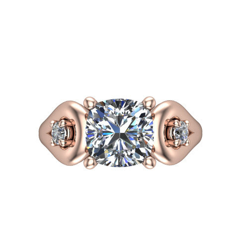 Imani cushion three stone engagement ring in 14K Rose Gold, top-down view showing the brilliant cushion-cut center diamond with two round side diamonds set inside open square frames
