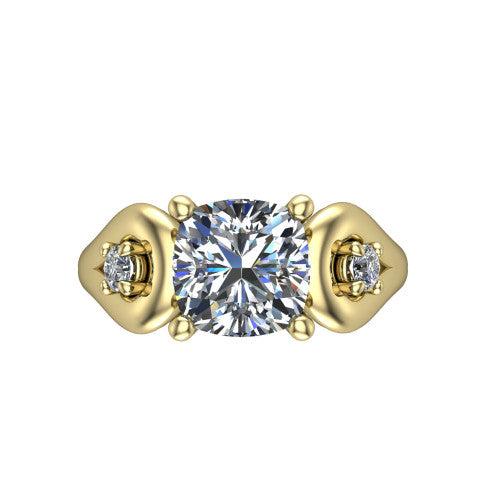Imani cushion three stone engagement ring in 18K Yellow Gold, top-down view showing the brilliant cushion-cut center diamond with two round side diamonds set inside open square frames