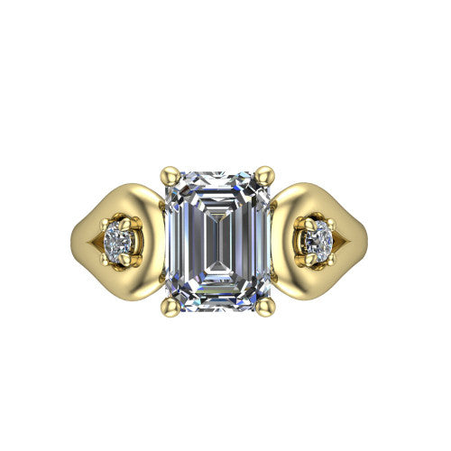 Imani emerald three stone engagement ring in 14K Yellow Gold, top-down view showing the step-cut emerald center diamond with two round side diamonds set inside open square frames