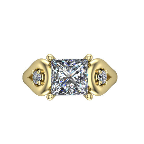 Imani princess three stone engagement ring in 14K Yellow Gold, top-down view showing the brilliant princess-cut center diamond with two round side diamonds set inside open square frames