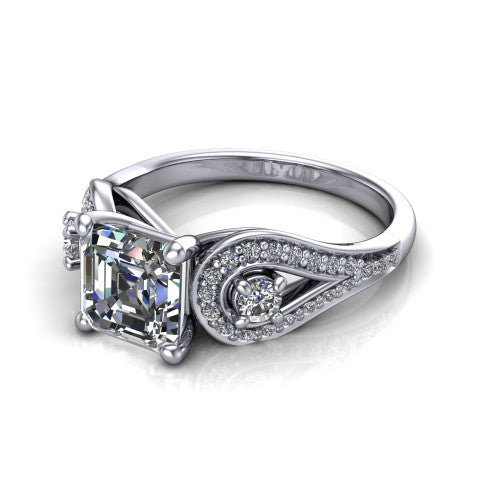 Jennifer square emerald three stone engagement ring in 14K White Gold, three-quarter perspective showing the step-cut square emerald center diamond flanked by two round side diamonds in pave teardrop frames on a pave split shank