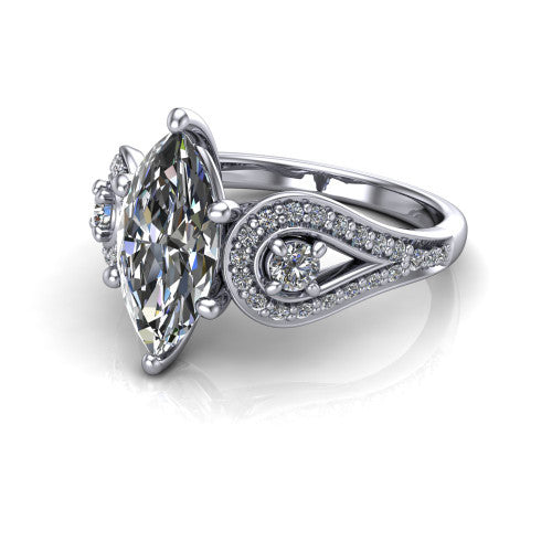 Jennifer marquise three stone engagement ring in 14K White Gold, three-quarter perspective showing the brilliant marquise center diamond flanked by two round side diamonds in pave teardrop frames on a pave split shank