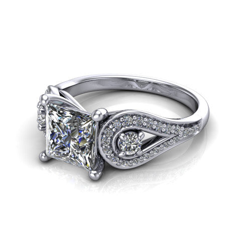 Jennifer princess three stone engagement ring in 14K White Gold, three-quarter perspective showing the brilliant princess-cut center diamond flanked by two round side diamonds in pave teardrop frames on a pave split shank