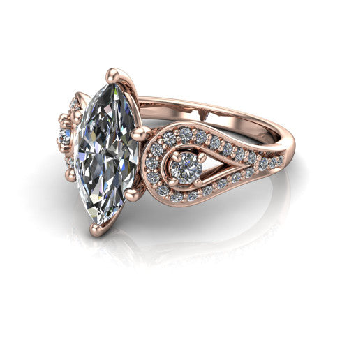 Jennifer marquise three stone engagement ring in 18K Rose Gold, three-quarter perspective showing the brilliant marquise center diamond flanked by two round side diamonds in pave teardrop frames on a pave split shank