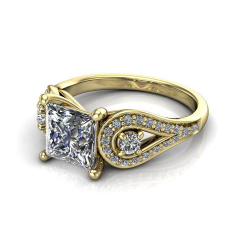 Jennifer princess three stone engagement ring in 18K Yellow Gold, three-quarter perspective showing the brilliant princess-cut center diamond flanked by two round side diamonds in pave teardrop frames on a pave split shank