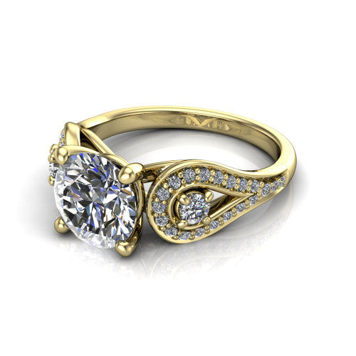 Jennifer round three stone engagement ring in 14K Yellow Gold, three-quarter perspective showing the brilliant round center diamond flanked by two round side diamonds in pave teardrop frames on a pave split shank