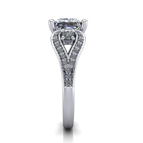 Jennifer princess three stone engagement ring in 18K White Gold, side profile showing the pave teardrop side frame, cathedral lift, and pave split shank