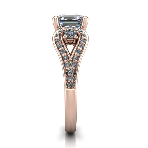 Jennifer square emerald three stone engagement ring in 18K Rose Gold, side profile showing the pave teardrop side frame, cathedral lift, and pave split shank