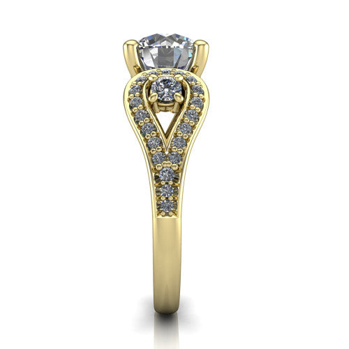 Jennifer round three stone engagement ring in 14K Yellow Gold, side profile showing the pave teardrop side frame, cathedral lift, and pave split shank