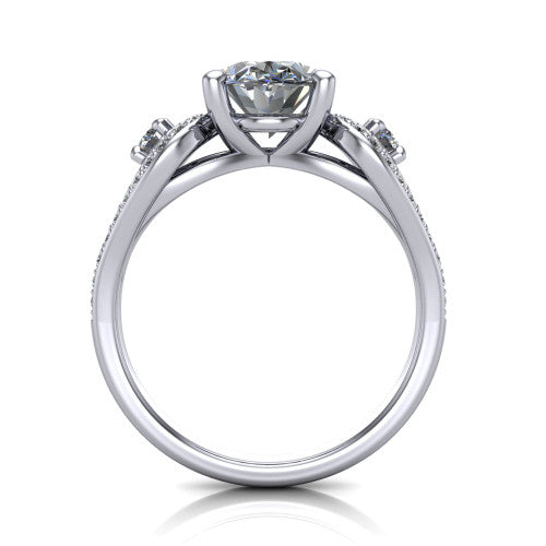 Jennifer oval three stone engagement ring in 14K White Gold, through-finger front profile showing the three-stone head, pave teardrop side frames, and open under-gallery