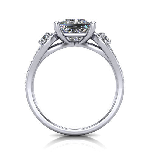 Jennifer princess three stone engagement ring in 14K White Gold, through-finger front profile showing the three-stone head, pave teardrop side frames, and open under-gallery