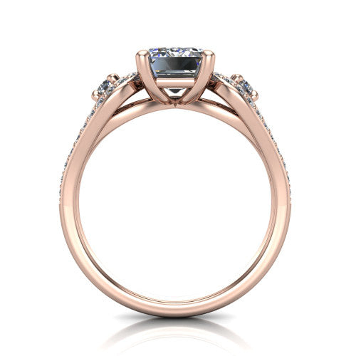 Jennifer emerald three stone engagement ring in 14K Rose Gold, through-finger front profile showing the three-stone head, pave teardrop side frames, and open under-gallery