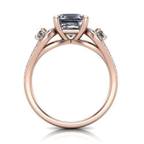 Jennifer square emerald three stone engagement ring in 18K Rose Gold, through-finger front profile showing the three-stone head, pave teardrop side frames, and open under-gallery