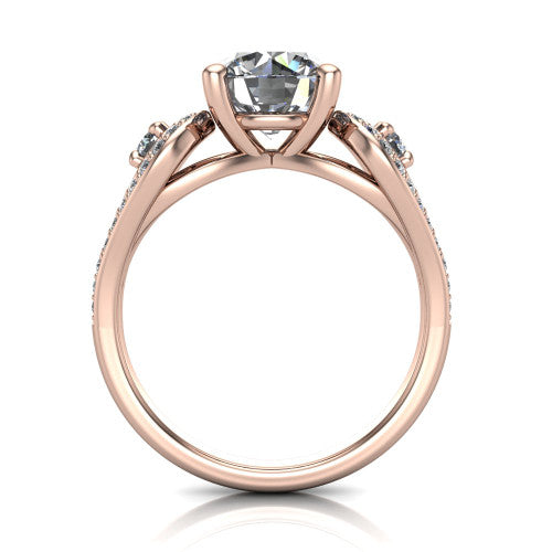 Jennifer round three stone engagement ring in 18K Rose Gold, through-finger front profile showing the three-stone head, pave teardrop side frames, and open under-gallery