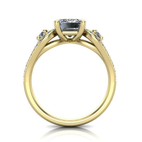 Jennifer emerald three stone engagement ring in 18K Yellow Gold, through-finger front profile showing the three-stone head, pave teardrop side frames, and open under-gallery