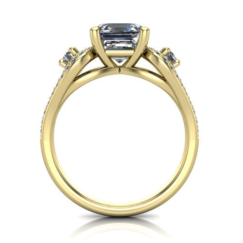Jennifer square emerald three stone engagement ring in 18K Yellow Gold, through-finger front profile showing the three-stone head, pave teardrop side frames, and open under-gallery
