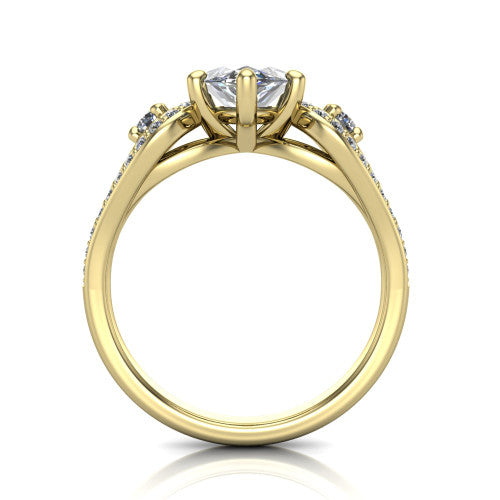 Jennifer marquise three stone engagement ring in 18K Yellow Gold, through-finger front profile showing the three-stone head, pave teardrop side frames, and open under-gallery