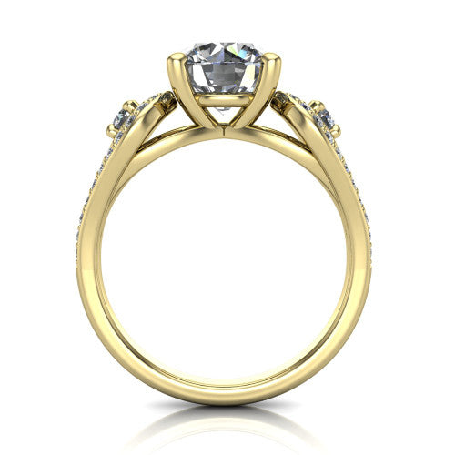 Jennifer round three stone engagement ring in 18K Yellow Gold, through-finger front profile showing the three-stone head, pave teardrop side frames, and open under-gallery