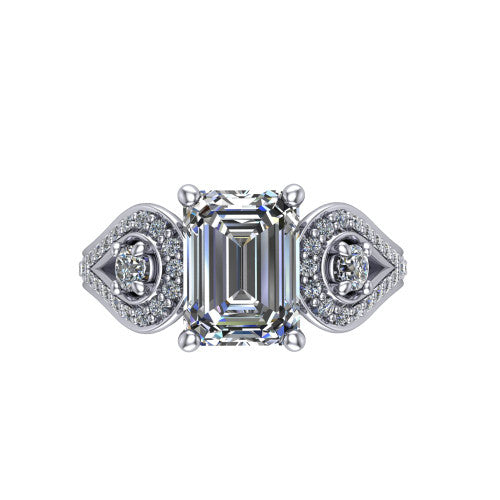 Jennifer emerald three stone engagement ring in 18K White Gold, top-down view showing the step-cut emerald center diamond with two round side diamonds set inside pave teardrop frames