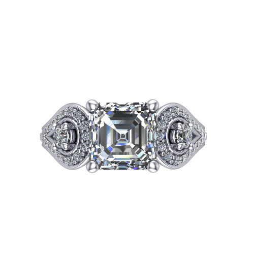 Jennifer square emerald three stone engagement ring in 14K White Gold, top-down view showing the step-cut square emerald center diamond with two round side diamonds set inside pave teardrop frames