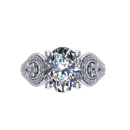 Jennifer oval three stone engagement ring in 18K White Gold, top-down view showing the brilliant oval center diamond with two round side diamonds set inside pave teardrop frames
