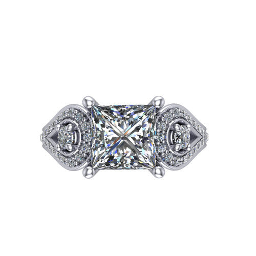 Jennifer princess three stone engagement ring in 18K White Gold, top-down view showing the brilliant princess-cut center diamond with two round side diamonds set inside pave teardrop frames