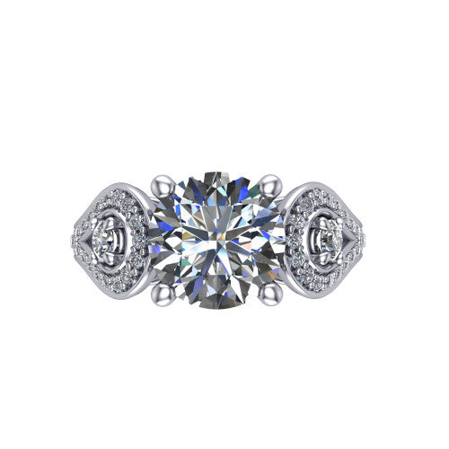 Jennifer round three stone engagement ring in 14K White Gold, top-down view showing the brilliant round center diamond with two round side diamonds set inside pave teardrop frames