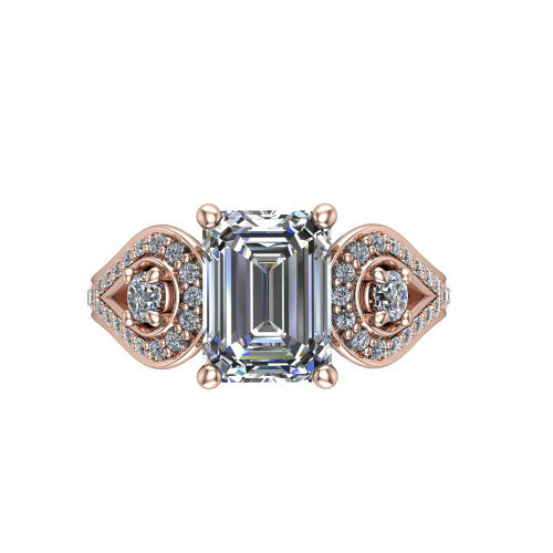 Jennifer emerald three stone engagement ring in 14K Rose Gold, top-down view showing the step-cut emerald center diamond with two round side diamonds set inside pave teardrop frames