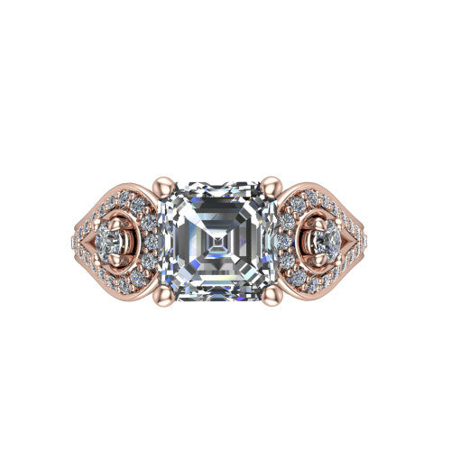 Jennifer square emerald three stone engagement ring in 14K Rose Gold, top-down view showing the step-cut square emerald center diamond with two round side diamonds set inside pave teardrop frames