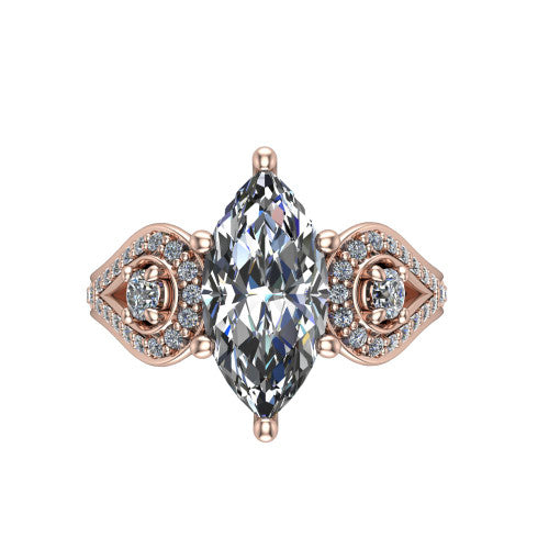 Jennifer marquise three stone engagement ring in 14K Rose Gold, top-down view showing the brilliant marquise center diamond with two round side diamonds set inside pave teardrop frames