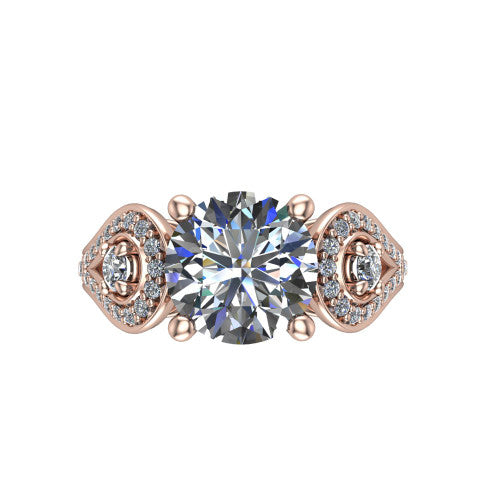 Jennifer round three stone engagement ring in 14K Rose Gold, top-down view showing the brilliant round center diamond with two round side diamonds set inside pave teardrop frames