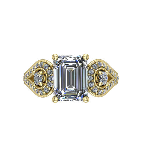 Jennifer emerald three stone engagement ring in 14K Yellow Gold, top-down view showing the step-cut emerald center diamond with two round side diamonds set inside pave teardrop frames