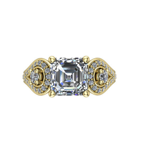 Jennifer square emerald three stone engagement ring in 14K Yellow Gold, top-down view showing the step-cut square emerald center diamond with two round side diamonds set inside pave teardrop frames