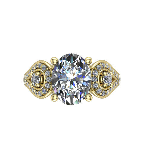 Jennifer oval three stone engagement ring in 14K Yellow Gold, top-down view showing the brilliant oval center diamond with two round side diamonds set inside pave teardrop frames