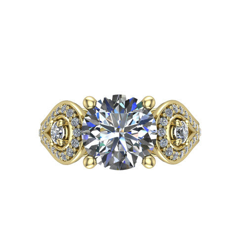 Jennifer round three stone engagement ring in 14K Yellow Gold, top-down view showing the brilliant round center diamond with two round side diamonds set inside pave teardrop frames