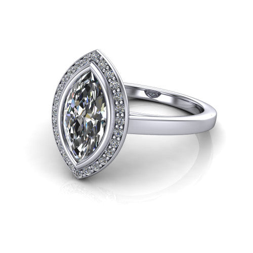 Rosie marquise halo bezel-set engagement ring in 14K White Gold — three-quarter perspective showing the marquise-cut center diamond, pavé diamond halo, and slim high-polish shank