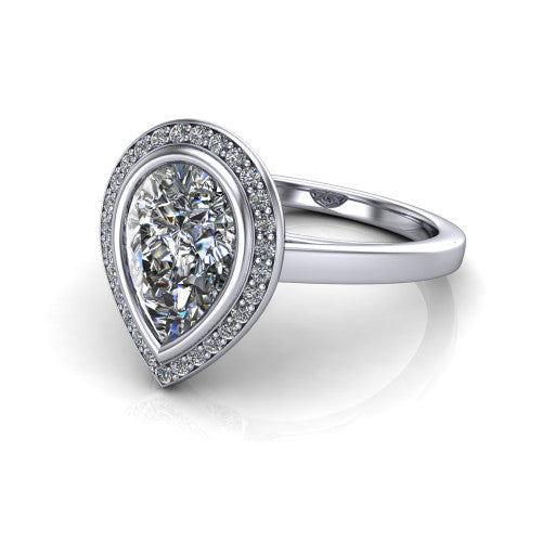 Rosie pear halo bezel-set engagement ring in Platinum — three-quarter perspective showing the pear-cut center diamond, pavé diamond halo, and slim high-polish shank