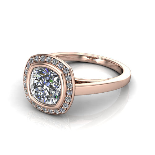 Rosie cushion halo bezel-set engagement ring in 18K Rose Gold — three-quarter perspective showing the cushion-cut center diamond, pavé diamond halo, and slim high-polish shank