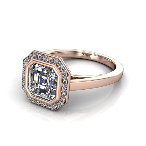 Rosie square emerald halo bezel-set engagement ring in 14K Rose Gold — three-quarter perspective showing the square emerald-cut (Asscher-style) center diamond, pavé diamond halo, and slim high-polish shank