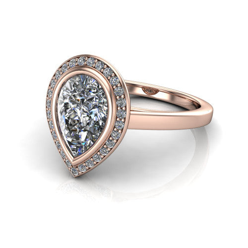Rosie pear halo bezel-set engagement ring in 14K Rose Gold — three-quarter perspective showing the pear-cut center diamond, pavé diamond halo, and slim high-polish shank