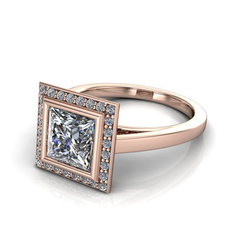 Rosie princess halo bezel-set engagement ring in 14K Rose Gold — three-quarter perspective showing the princess-cut center diamond, pavé diamond halo, and slim high-polish shank