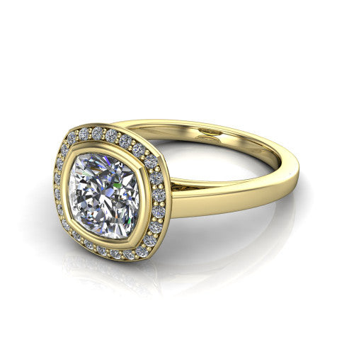 Rosie cushion halo bezel-set engagement ring in 18K Yellow Gold — three-quarter perspective showing the cushion-cut center diamond, pavé diamond halo, and slim high-polish shank