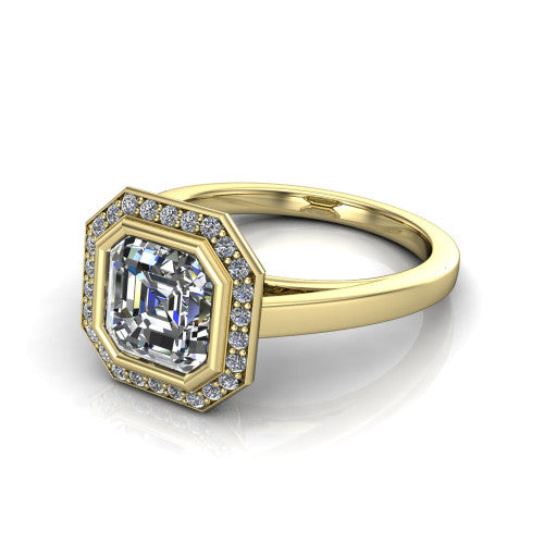 Rosie square emerald halo bezel-set engagement ring in 14K Yellow Gold — three-quarter perspective showing the square emerald-cut (Asscher-style) center diamond, pavé diamond halo, and slim high-polish shank