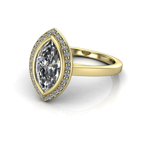 Rosie marquise halo bezel-set engagement ring in 14K Yellow Gold — three-quarter perspective showing the marquise-cut center diamond, pavé diamond halo, and slim high-polish shank
