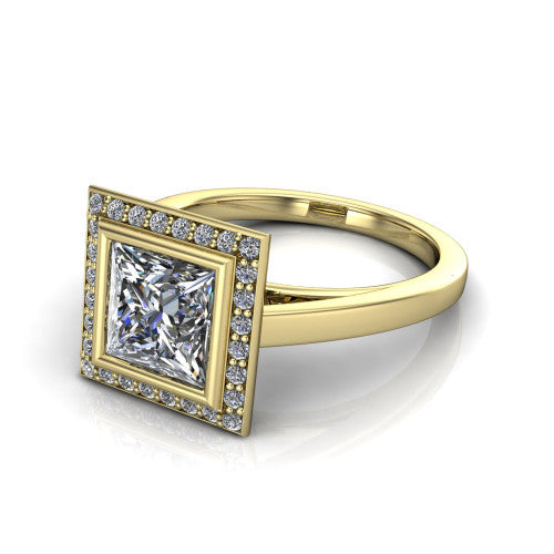 Rosie princess halo bezel-set engagement ring in 14K Yellow Gold — three-quarter perspective showing the princess-cut center diamond, pavé diamond halo, and slim high-polish shank